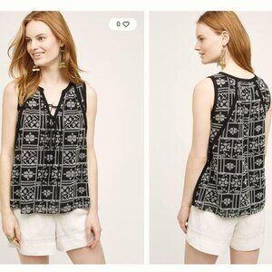 Anthropologie HD in Paris Phlox Embroidered Sleeveless Blouse Black, White Sz S